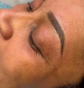 Close-up of freshly shaped microbladed brows at Beauty Custom Club in Jesmond.